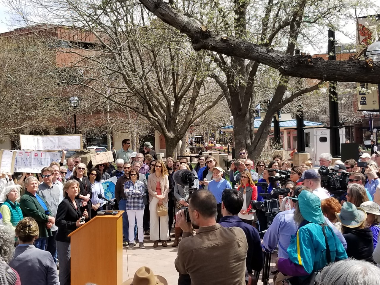 Mayor Suzanne Jones announces the city's climate liability lawsuit at a press conference in 2017.