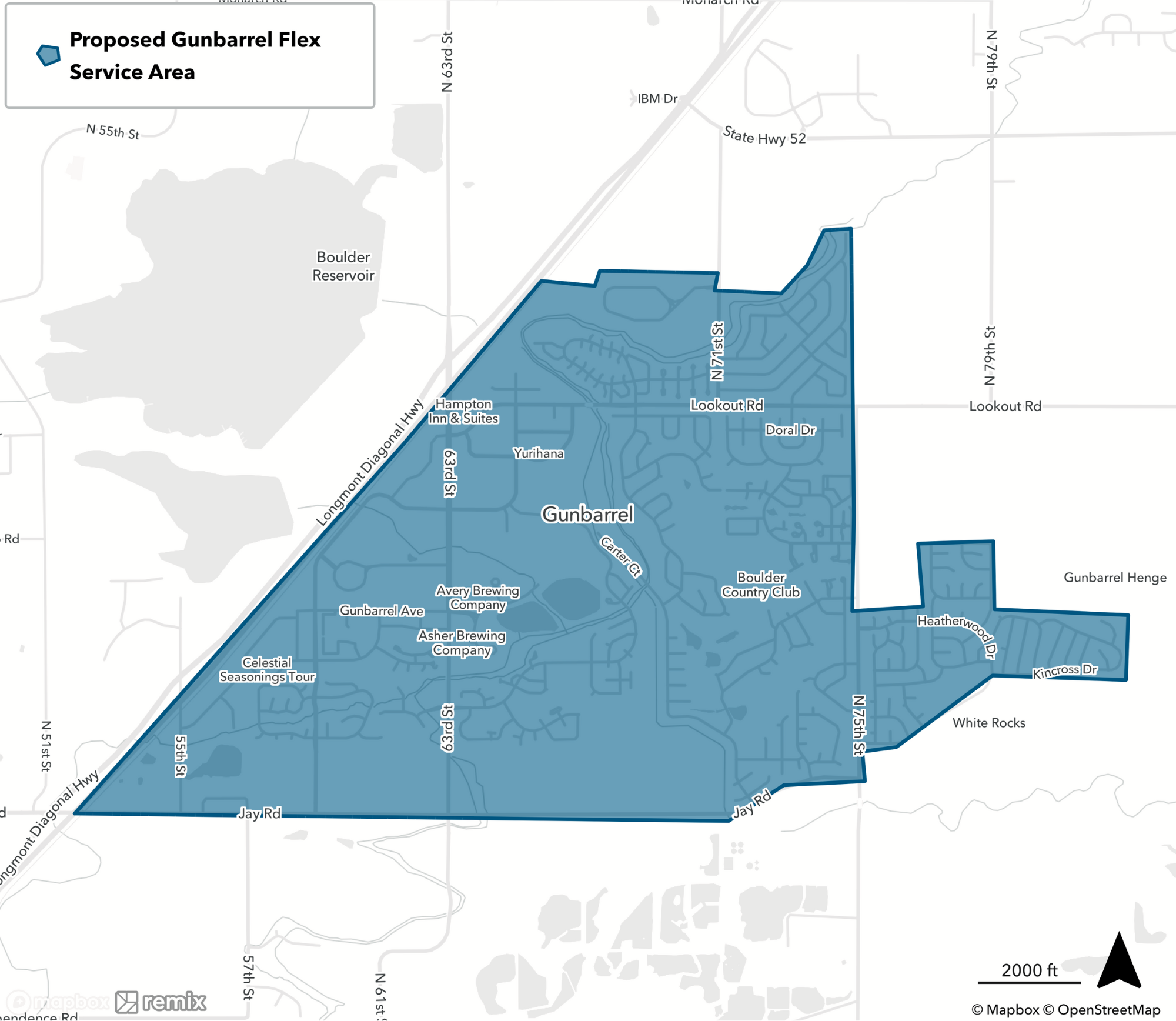 A proposed service area map for the flex service in Gunbarrel