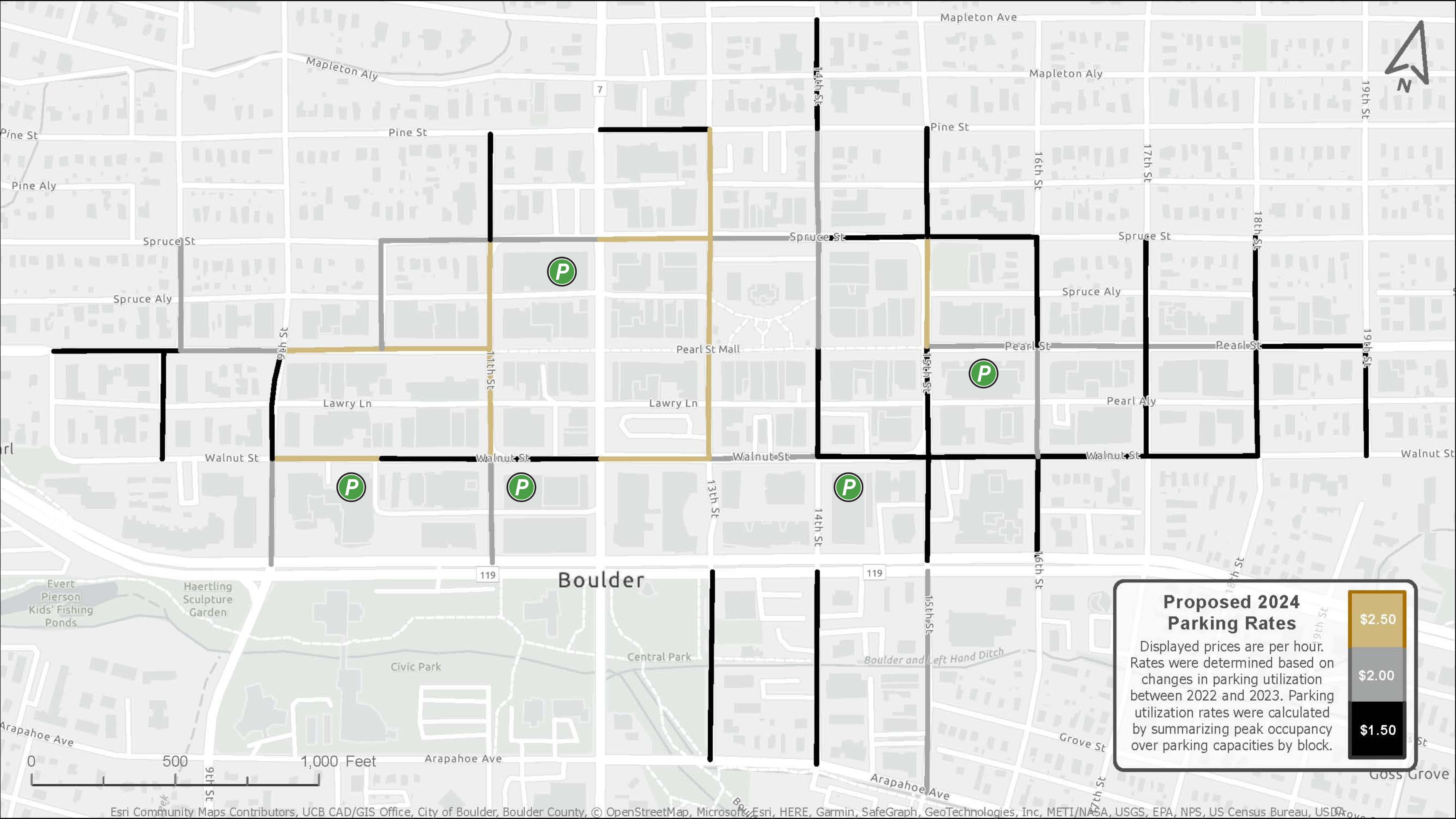 Map indicating blocks downtown with increased on-street parking prices in January 2024.