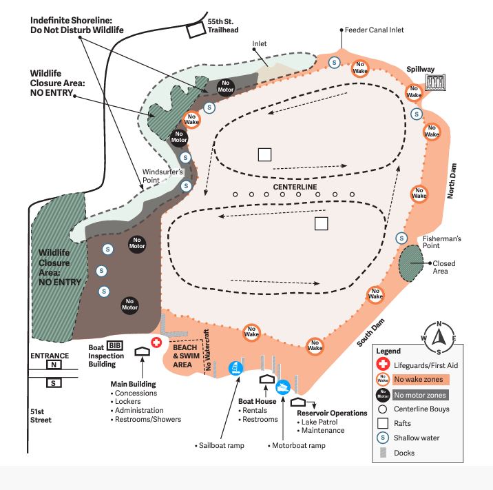 Boating map of the Boulder Reservoir. Long description available in the caption.