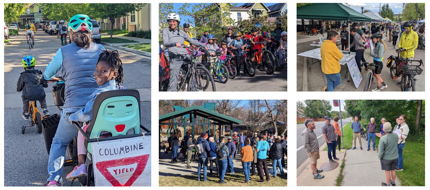 Collage of people gathered or biking and walking at different Iris Avenue project engagement events 