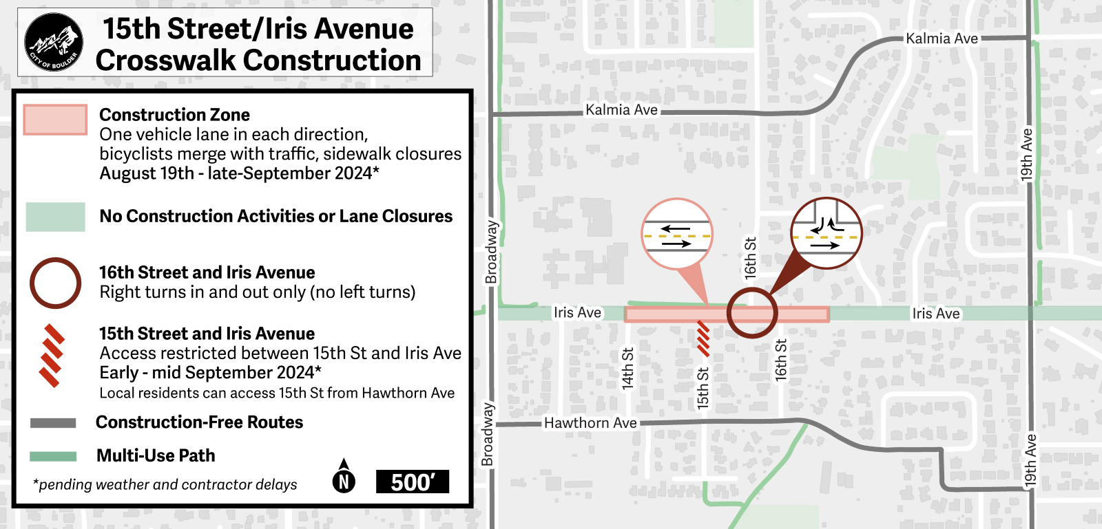 15th street/Iris avenue crosswalk construction map. View alternative text on Pedestrian Crossings webpage under header Iris and 15th Construction Map Text Alternative. .