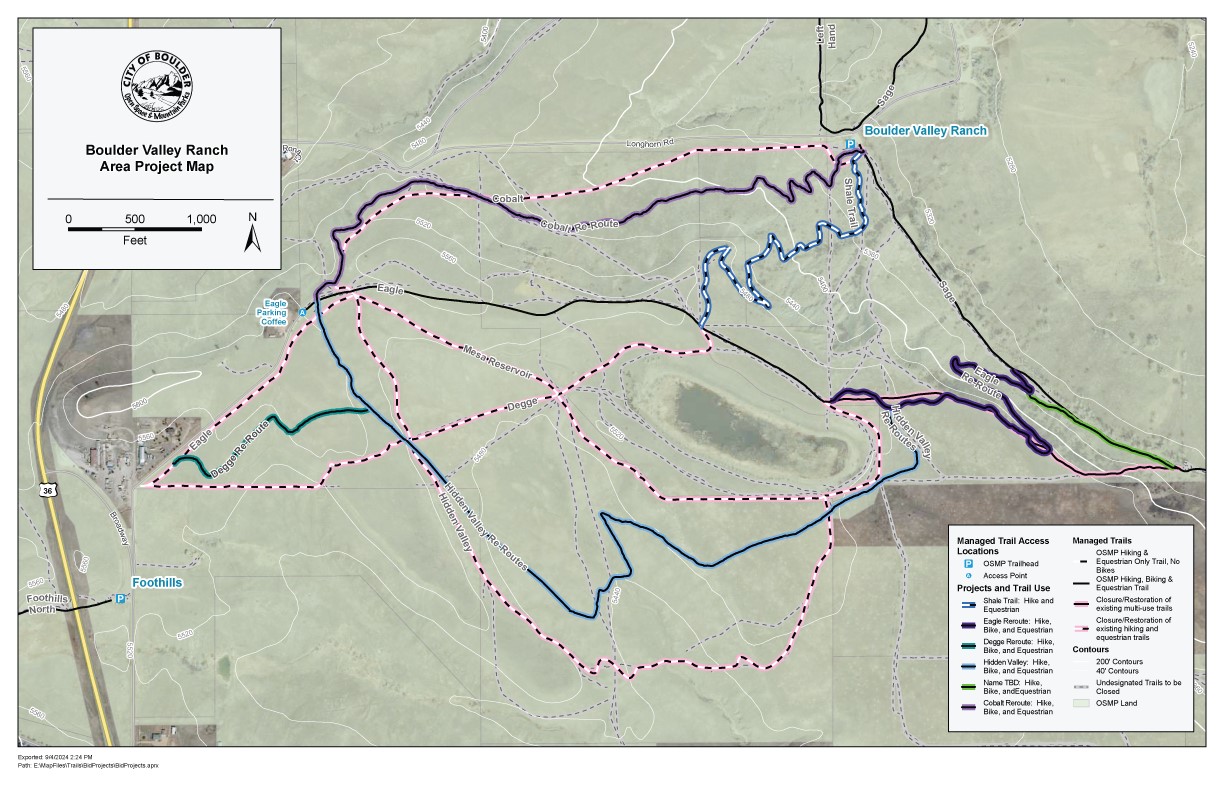 Map showing trail changes in the western Boulder Valley Ranch project area