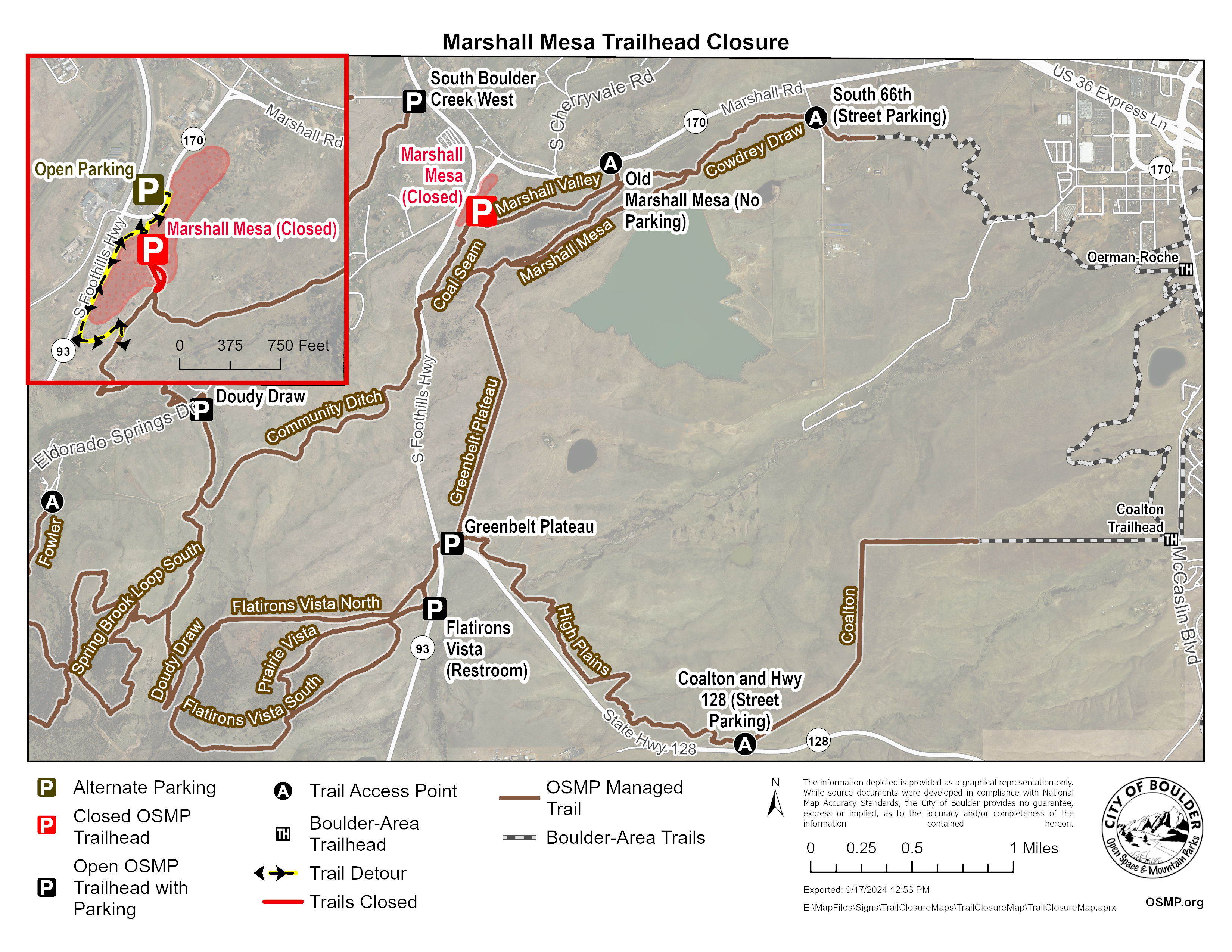 Map of open trails on Marshall Mesa 