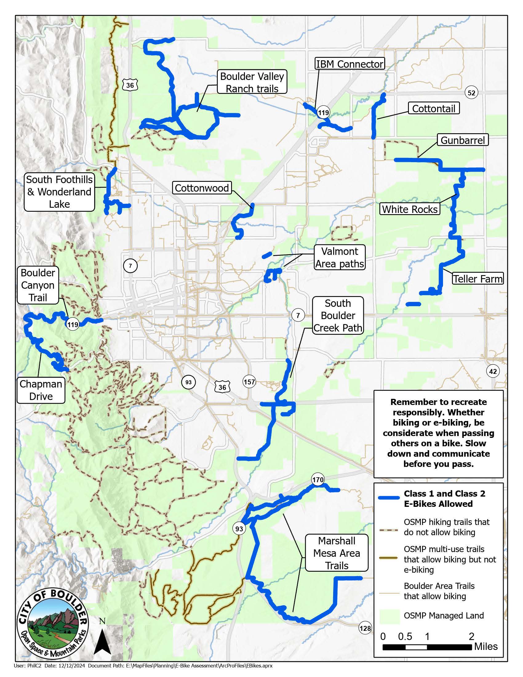 Map of Where Class 1 and Class 2 E-Bikes Are Allowed on OSMP