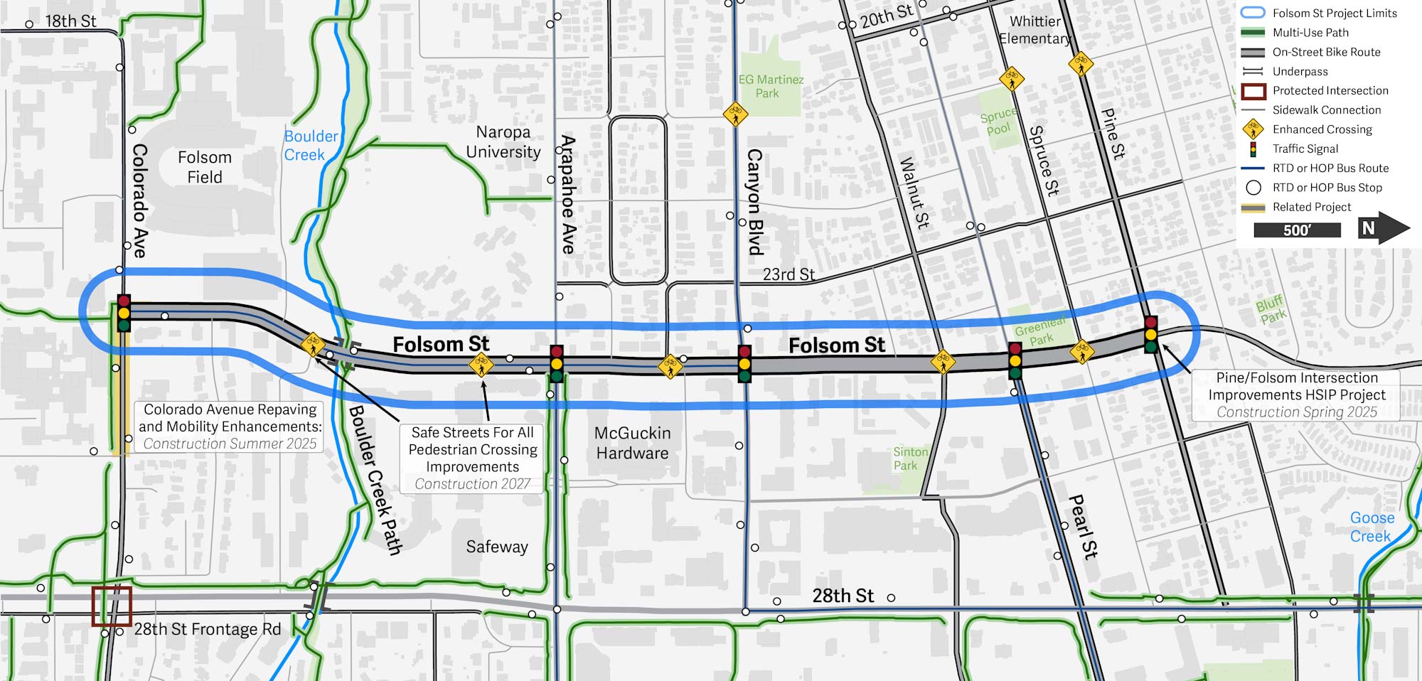 A map of the project area for the Folsom Street Safety Improvements project between Pine Street and Colorado Avenue. 