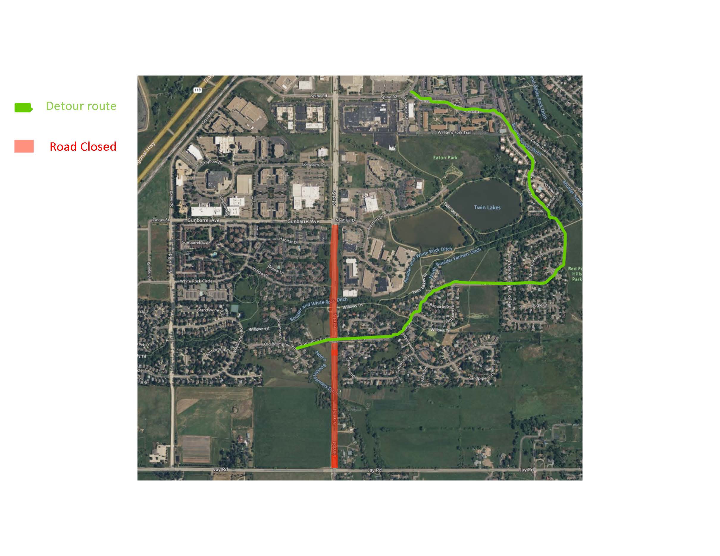 From Jan. 17 through March, 63rd Street between Jay Road and Gunbarrel Avenue/Nautilus Drive will close to all travel. Please follow signs for detours. The detour route for the Nottinghill Gate/Willows area will be northeast through Twin Lakes Road to Spine Road.