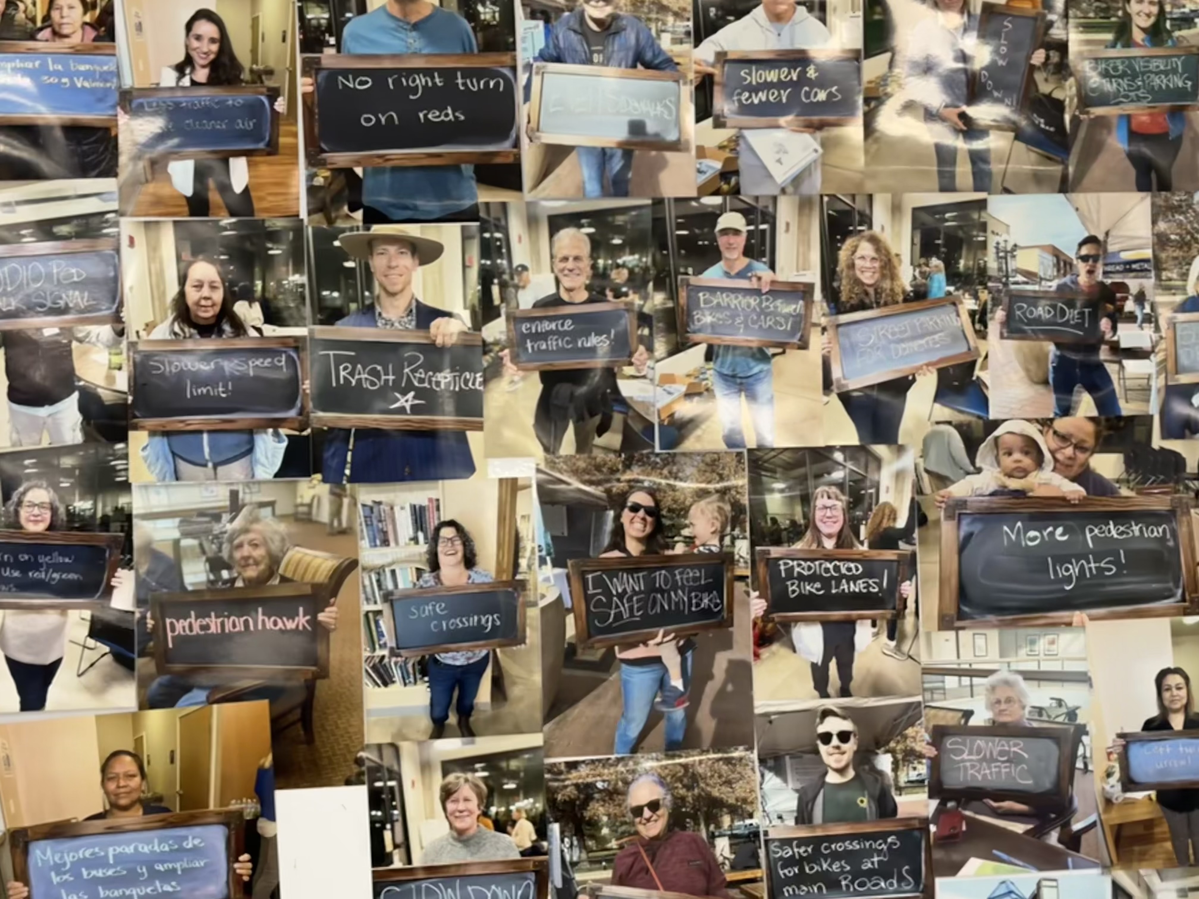 A collage of photos of dozens of people holding up chalkboard signs with messages about what they care about for north 30th street travel improvements. 