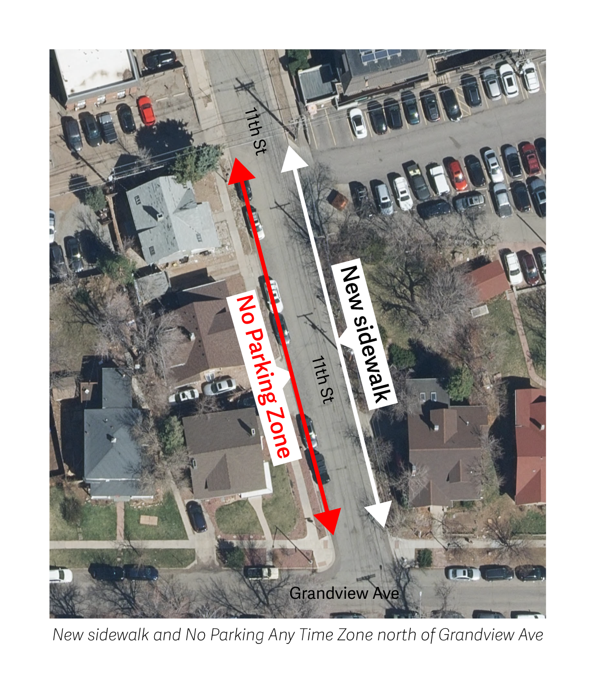 Diagram of changes. No parking zone just north of grandview on the west side. On the east side is a new sidewalk. 