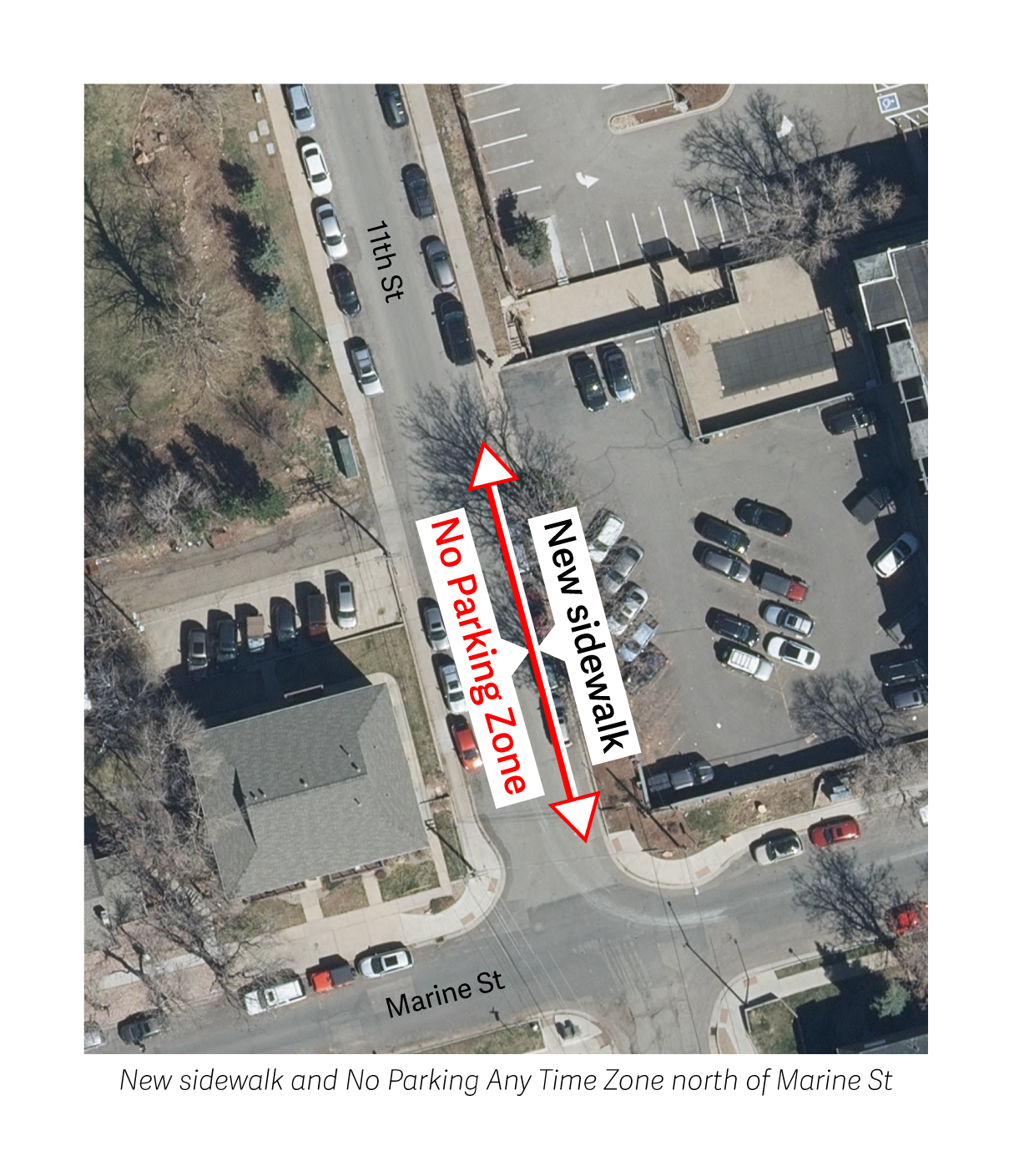 Diagram of changes. No parking zone just north of marine on the east side. On the east side is a new sidewalk. 