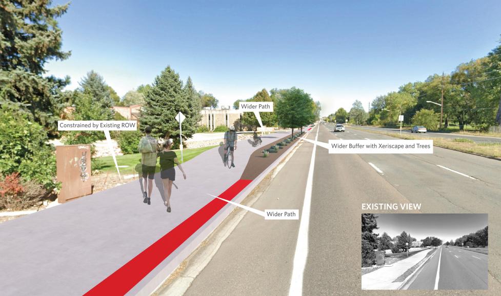 Rendering of the East Arapahoe Multi-Use Path at 56th Street Showing Path Width and Buffer Landscaping