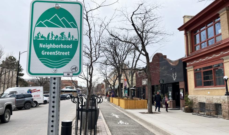 A neighborhood greenstreet sign next to a protected bike lane and sidewalk