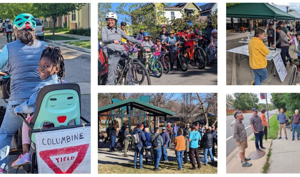 Collage of people gathered or biking and walking at different Iris Avenue project engagement events 