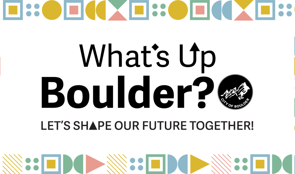 What's Up Boulder banner with colorful shapes