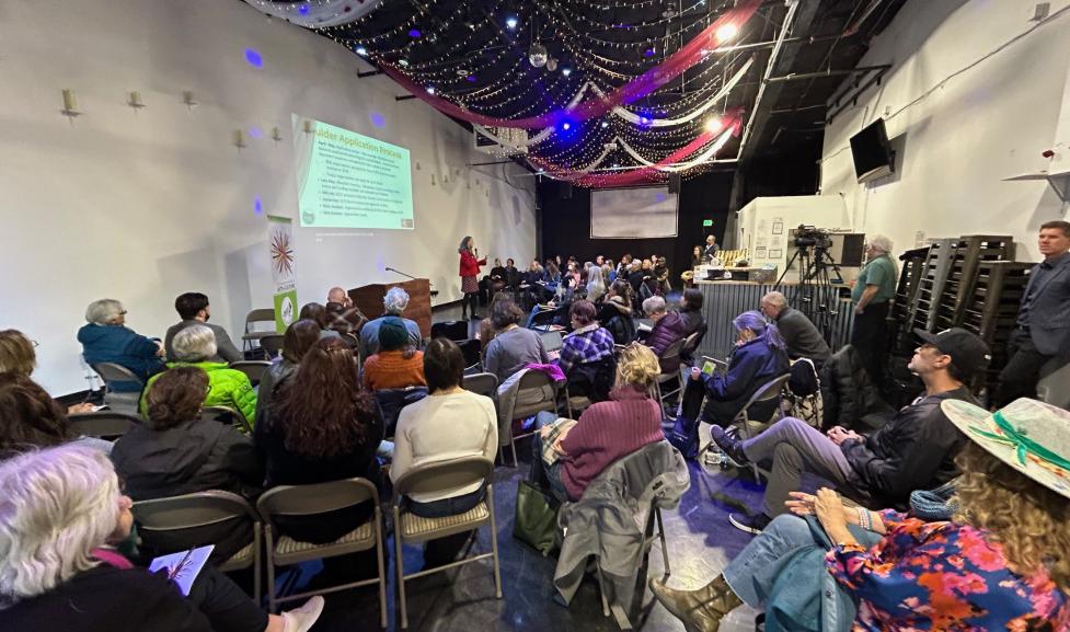 A group of people watching a presentation at a casual event