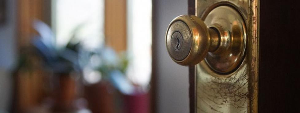 Door knob in foreground, household plants in background