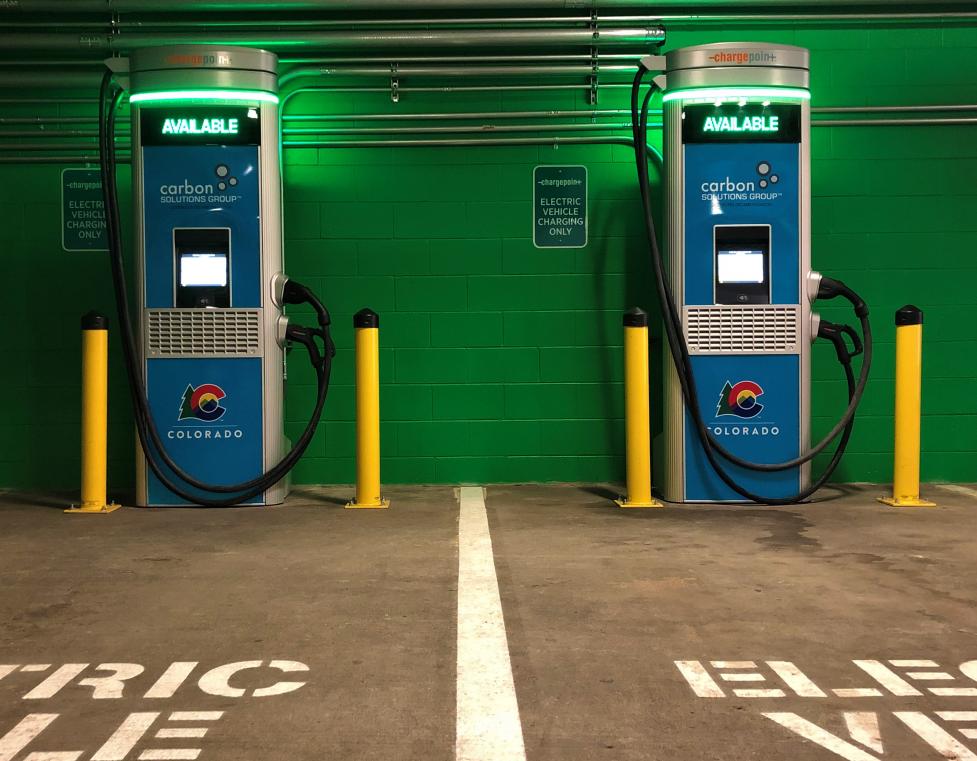 Two fast electric vehicle chargers in the 1500 Pearl Parking Garage