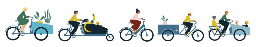 Graphic of people biking on e-bikes and e-cargo bikes