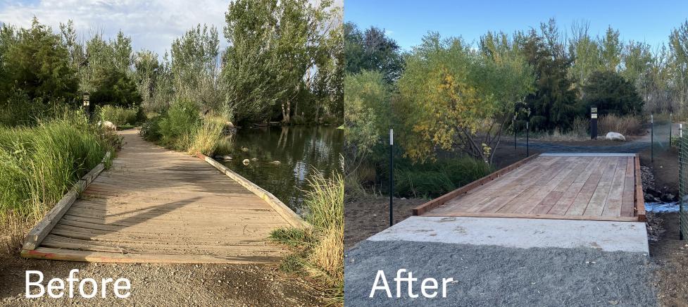 Pedestrian bridge at Coot Lake before and after repairs