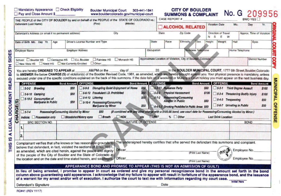 Municipal Court general ticket. Yellow-ish text with a yellow back.