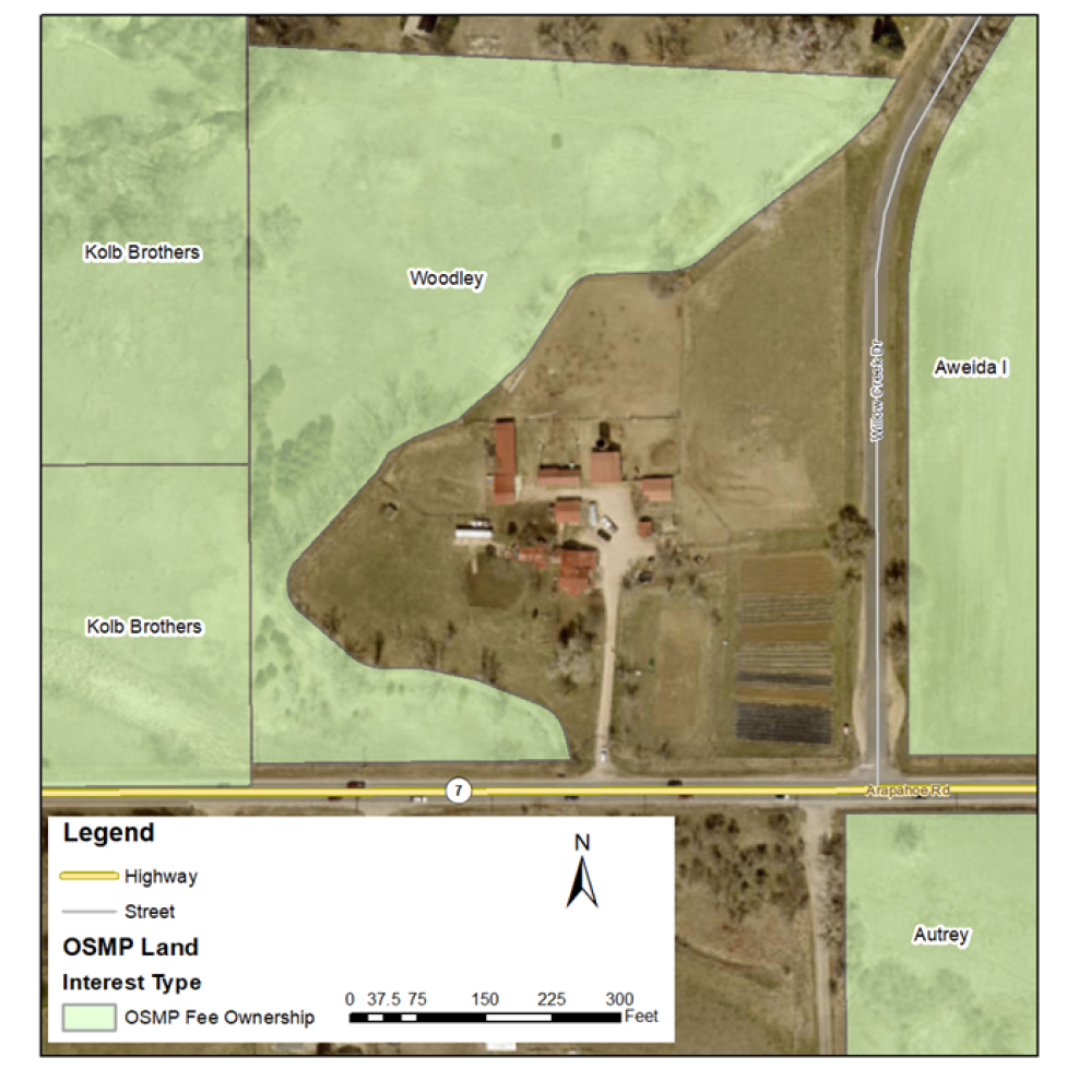 Map of the Woodley Property available for agricultural use; an irregular-shaped property north of Arapahoe Road, west of Willow Creek Drive.