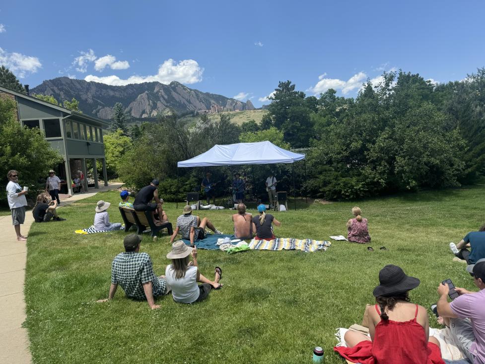 Outdoor neighborhood concert with people sitting on the grass watching live band.