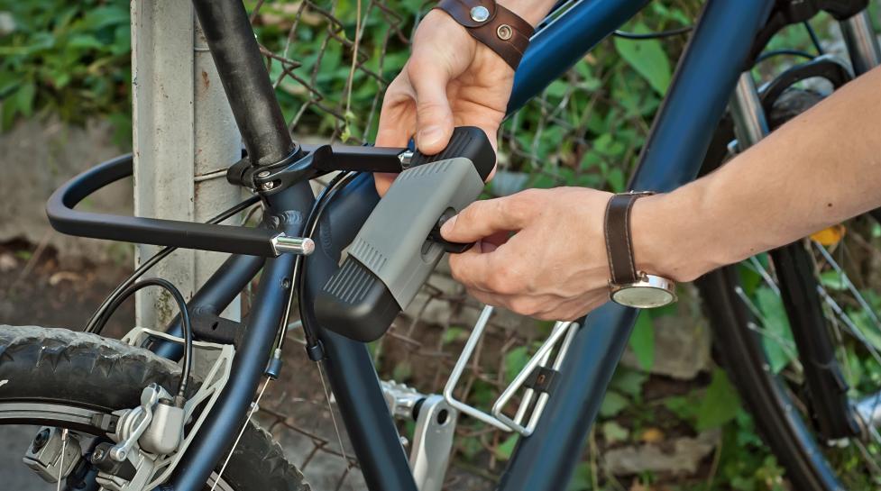 Person locking bike with U-shaped lock 