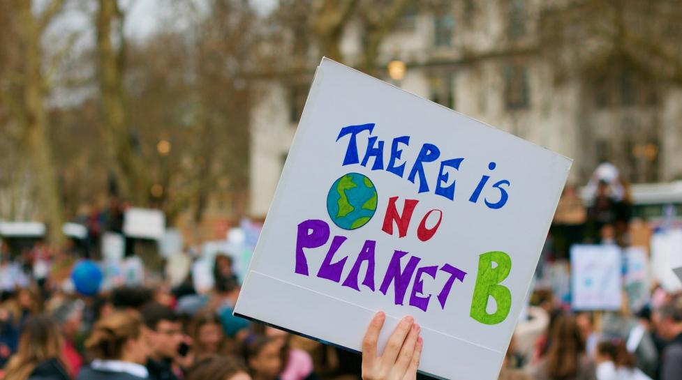 Photo of a protest, a hand holding a sign in the foreground.