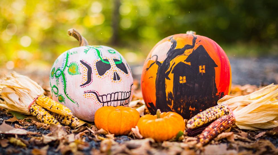 Two painted pumpkins on the ground. 