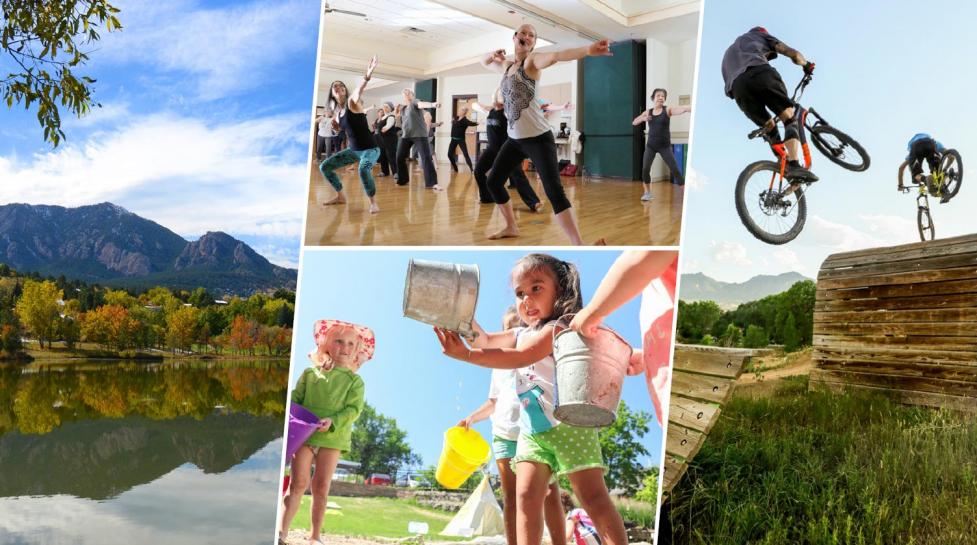 4 pictures showing the flatirons, children playing with buckets, a dance class, and bikers on wooden jumps.