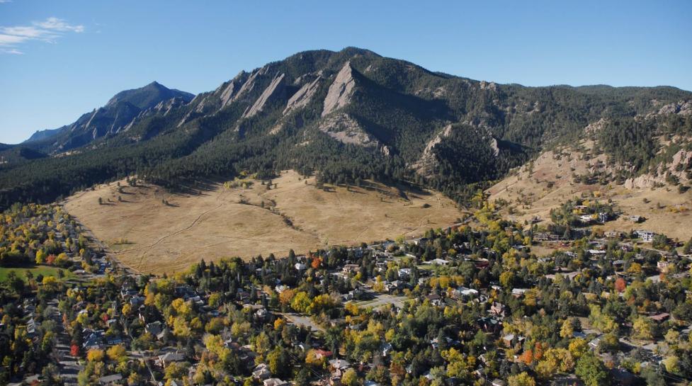 View of Boulder Flatirons with the City of Boulder in the foreground