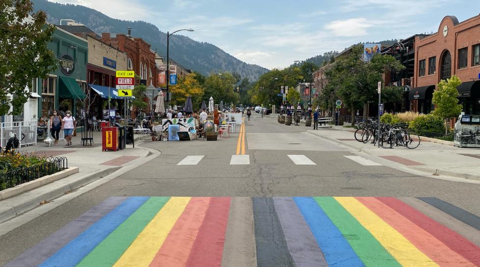 Rainbow stripes across Pearl Street