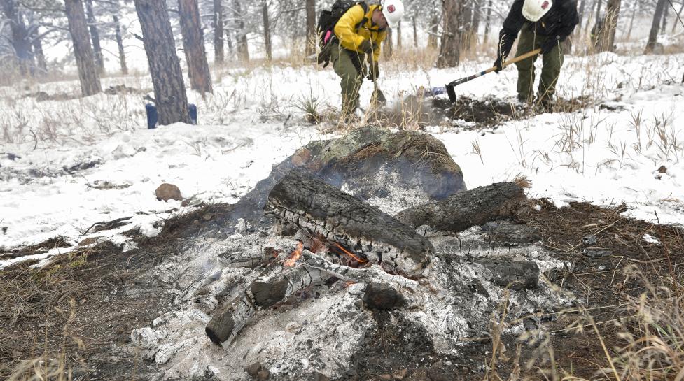 Firefighters monitor the burning of a slash pile