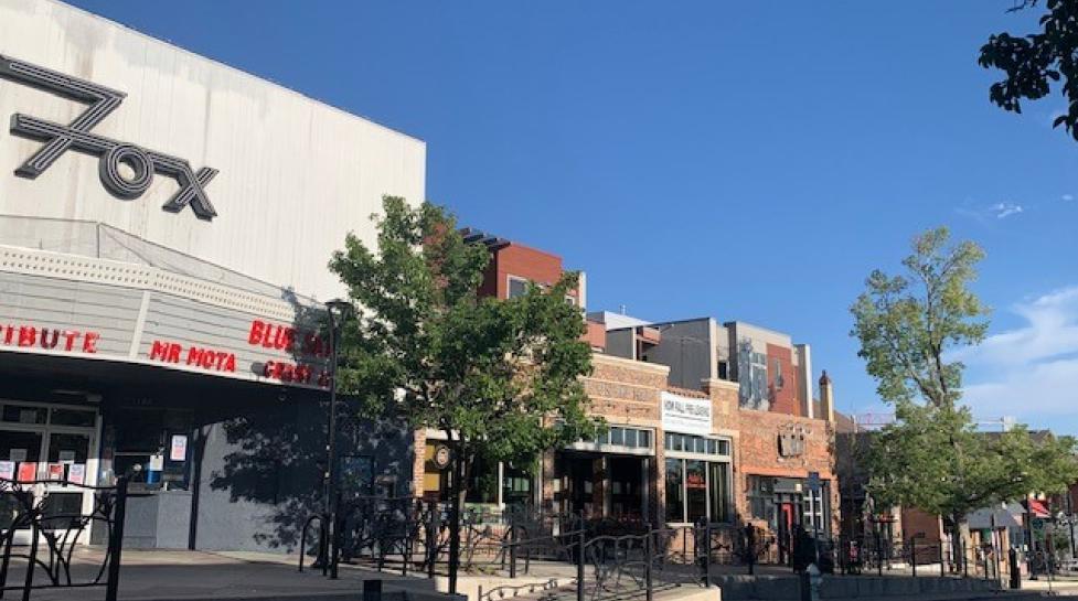 Photo of University Hill in Boulder and showing The Fox Theater