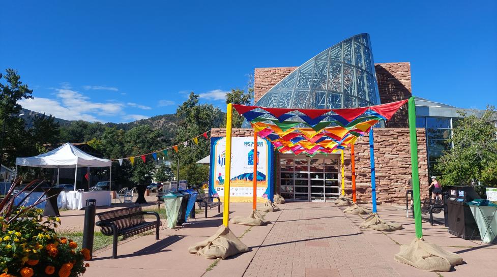 Exterior of Main Library, decorated with colorful flags for JLF