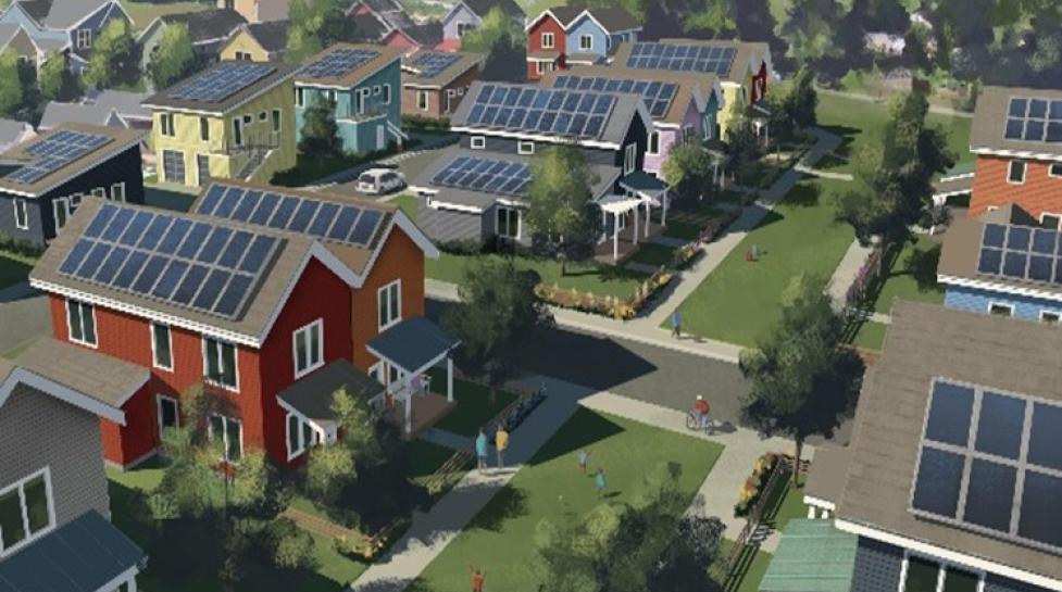 Computer generated image of a neighborhood of modular homes with solar panels on each roof