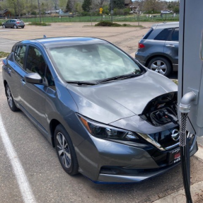 A city of Boulder fleet electric vehicle charges at the innovative two-way charger at the North Boulder Rec Center