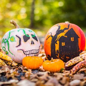 Two painted pumpkins on the ground. 