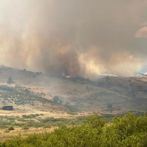 wildfire smoke comes up and over the hill in Boulder County Colorado