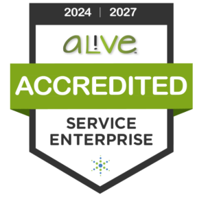 green and white service enterprise reaccreditation logo with the dates 2024 through 2027